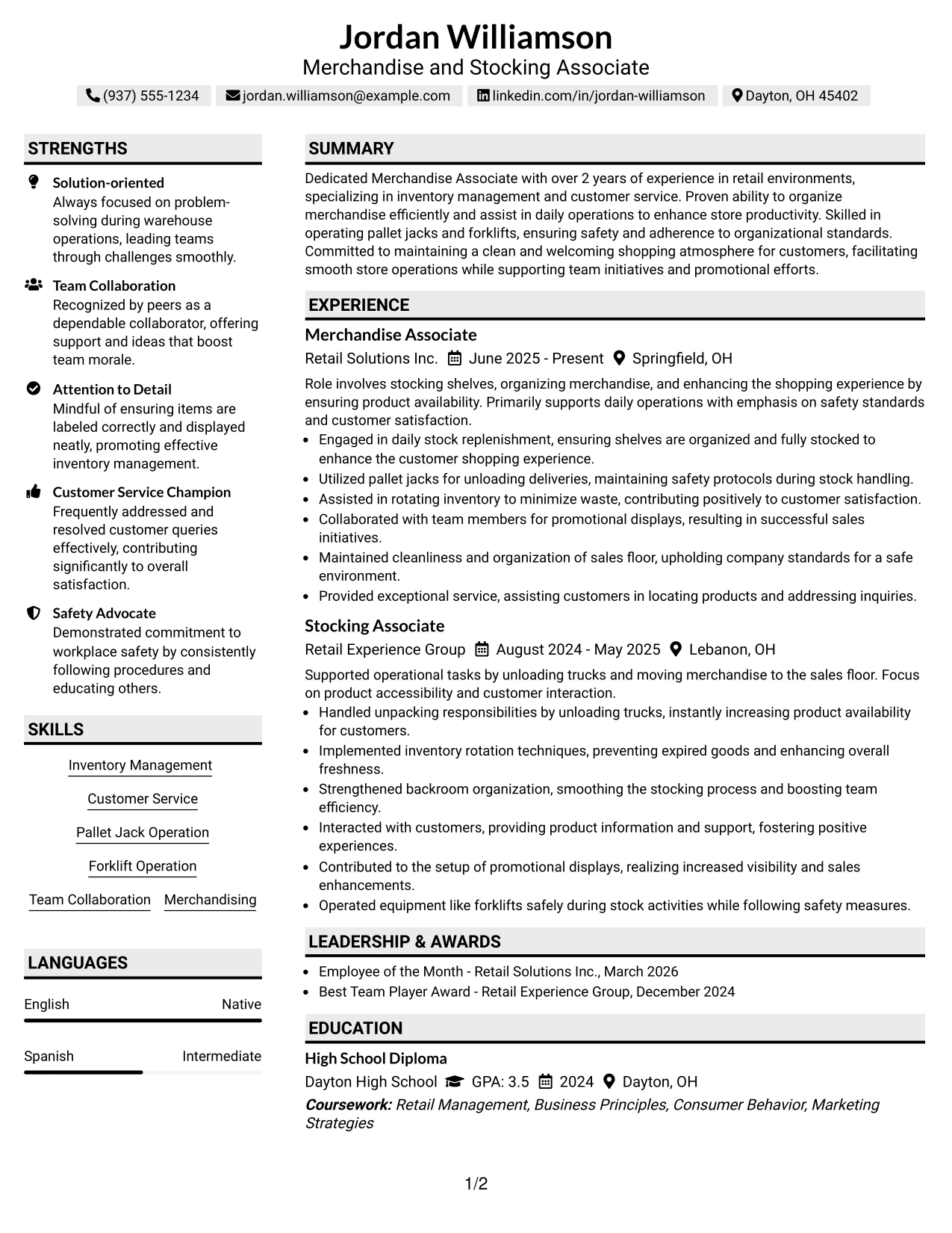 Resume Example Page 1