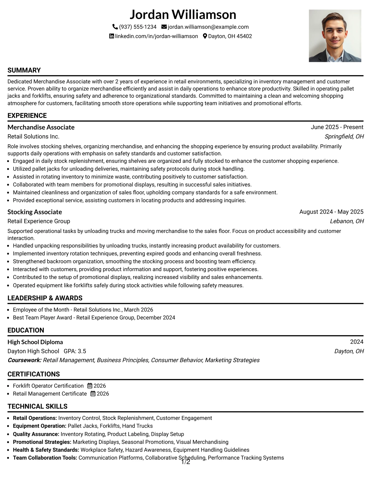 Resume Example Page 1