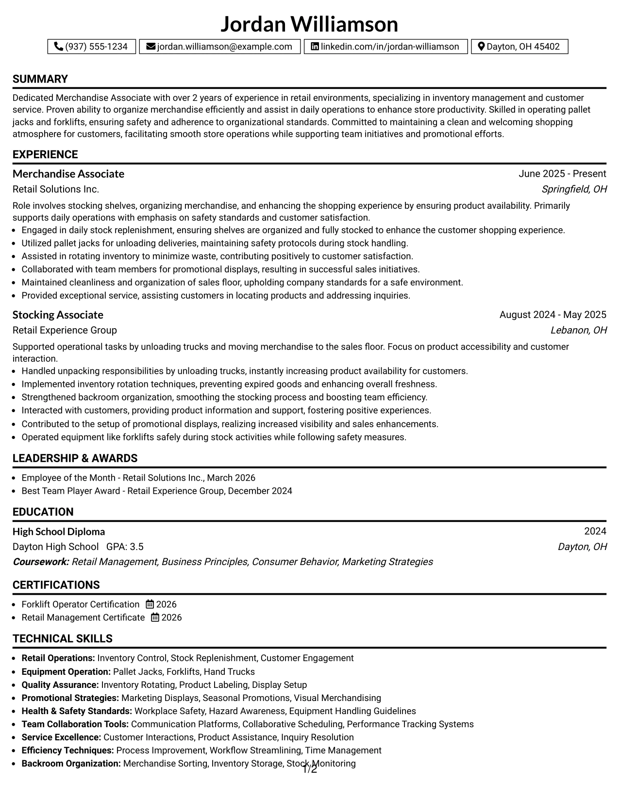 Resume Example Page 1