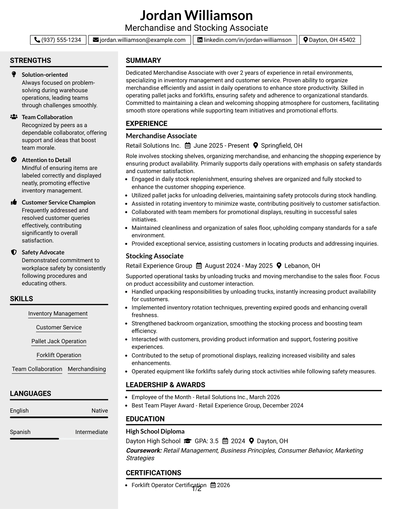 Resume Example Page 1