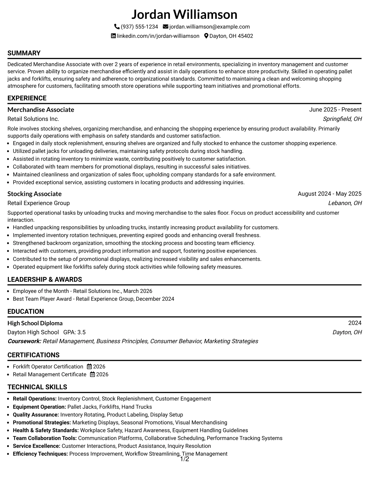 Resume Example Page 1