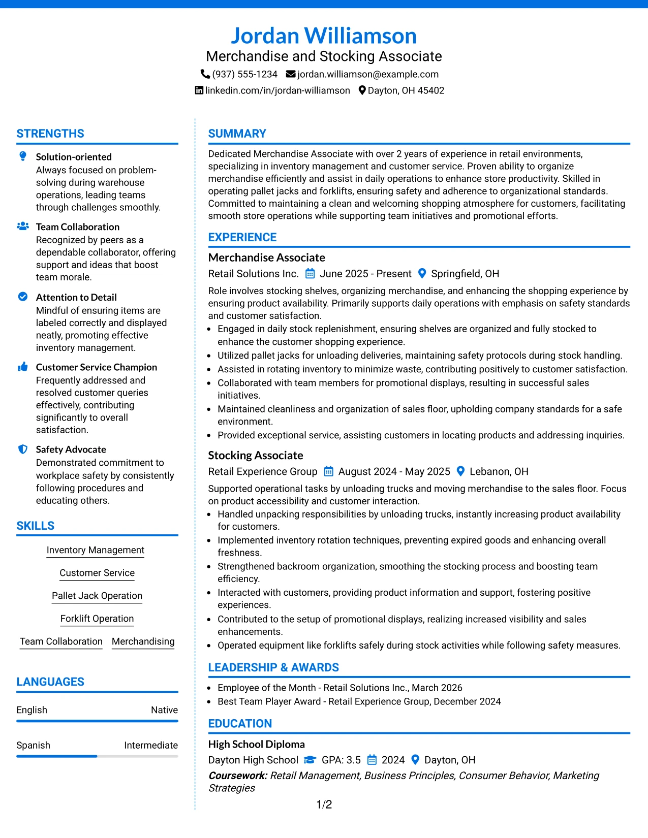 Resume Example Page 1