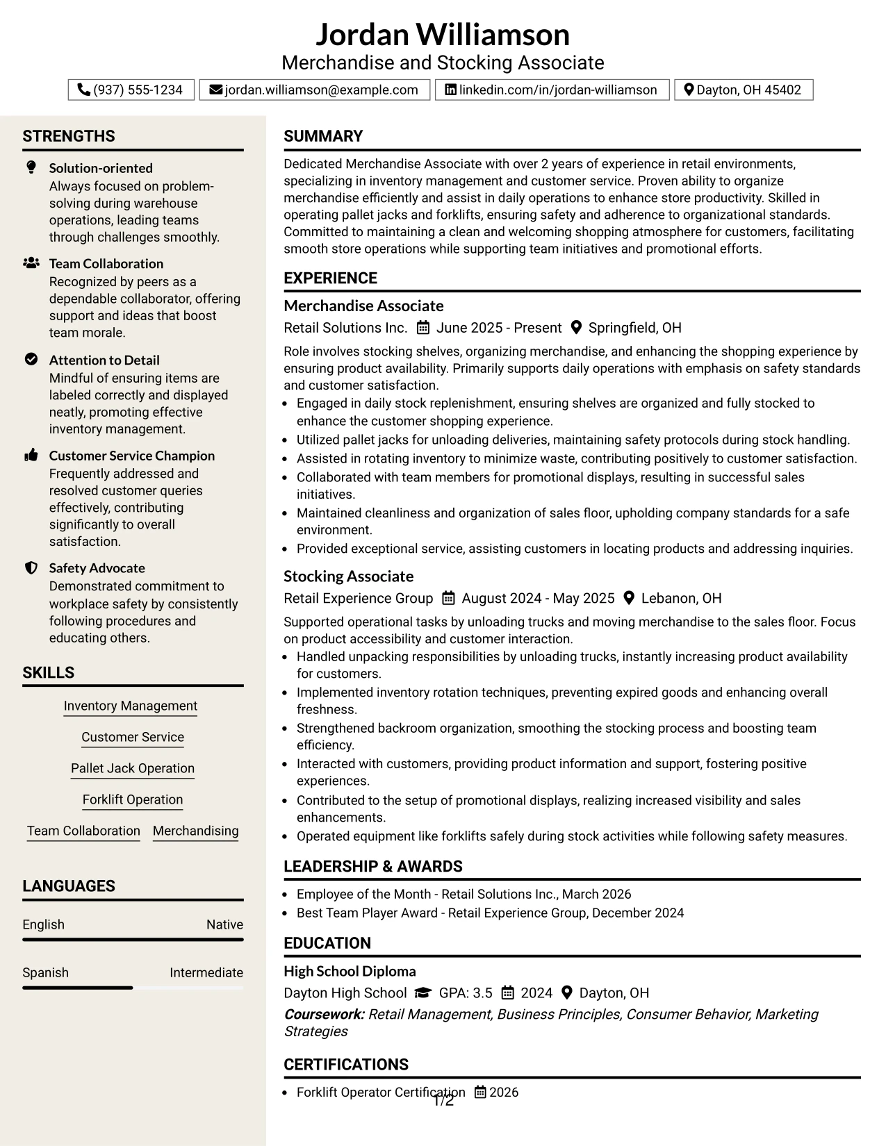 Resume Example Page 1