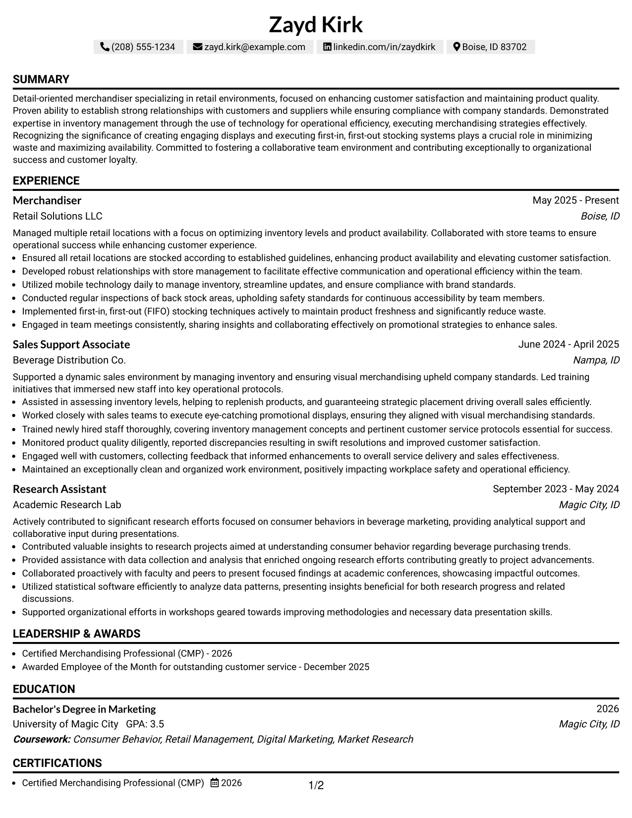 Resume Example Page 1