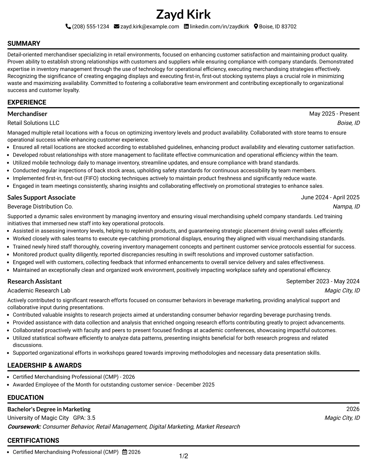Resume Example Page 1