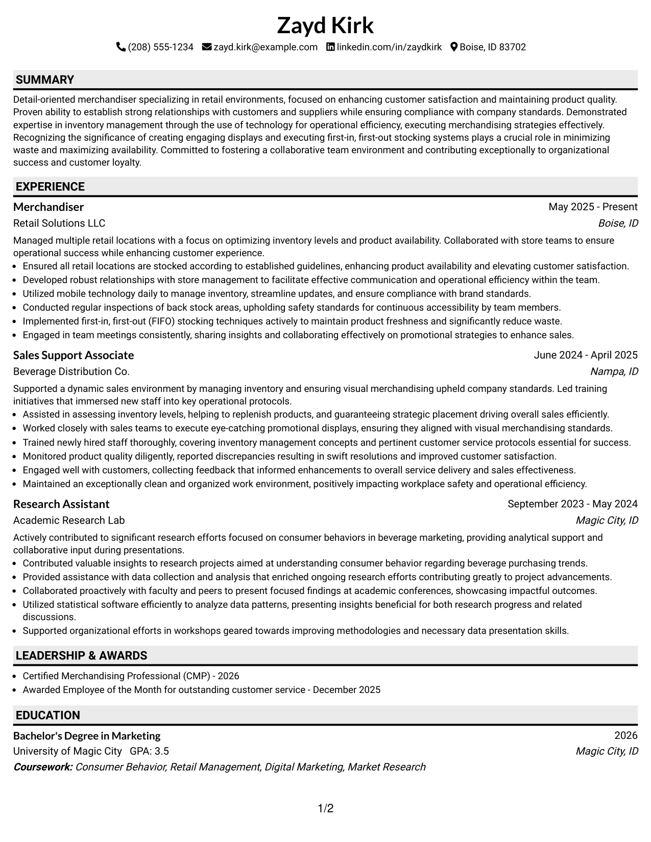 Resume Example Page 1