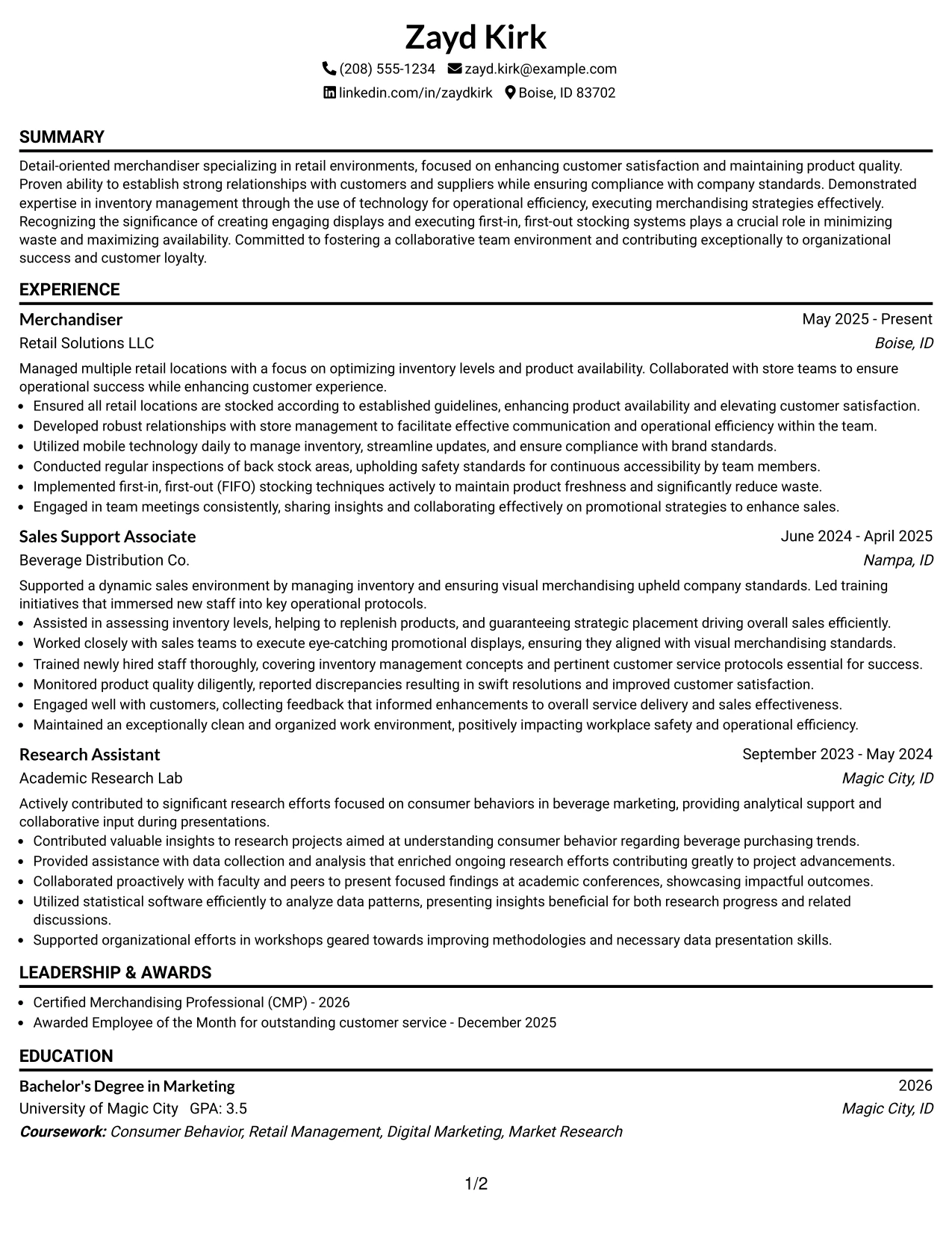 Resume Example Page 1
