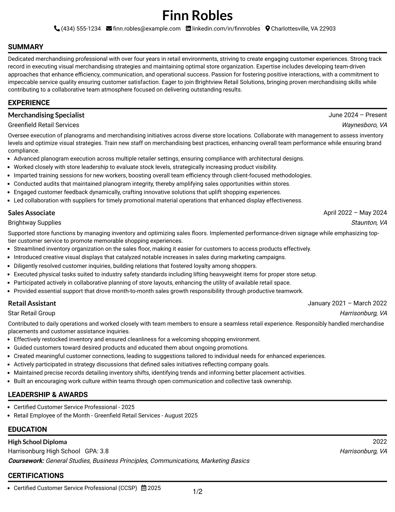 Resume Example Page 1