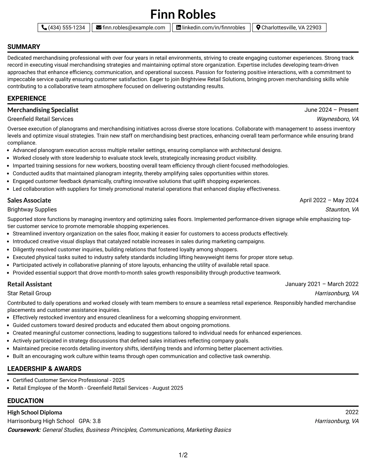 Resume Example Page 1