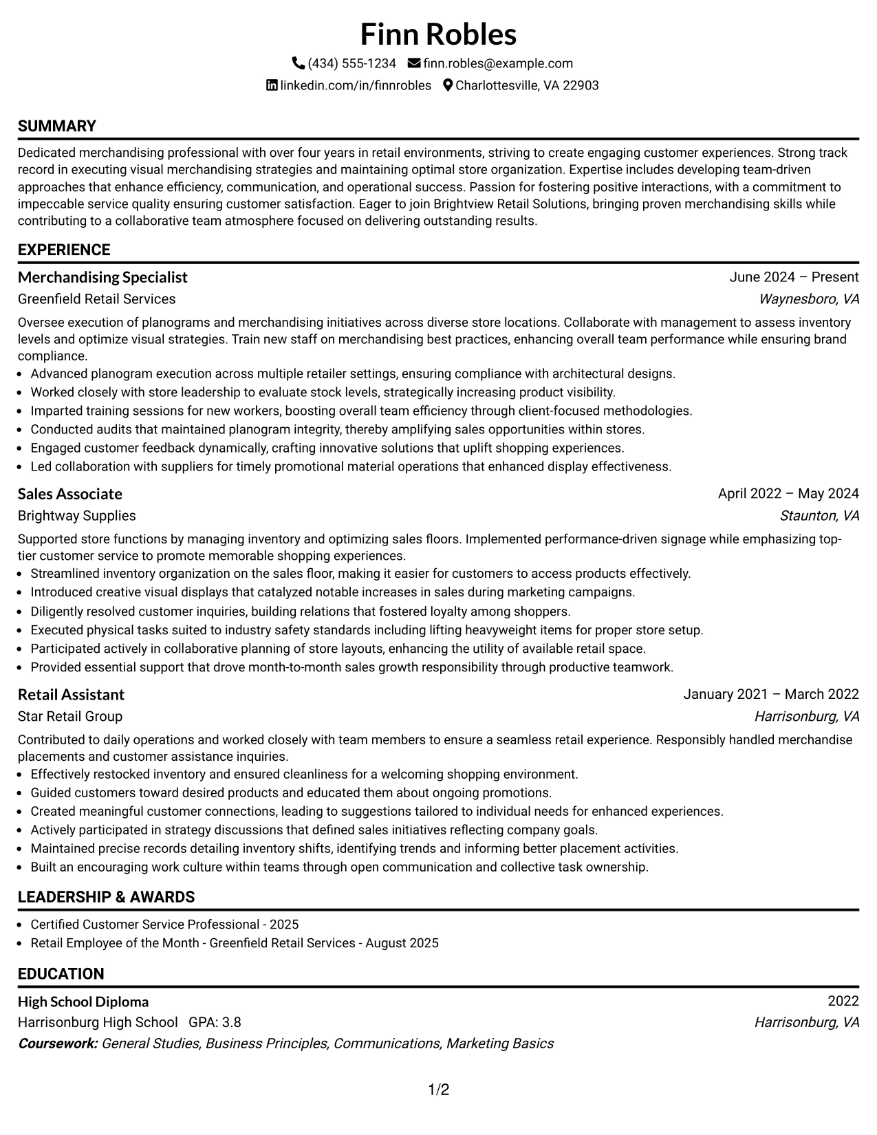 Resume Example Page 1