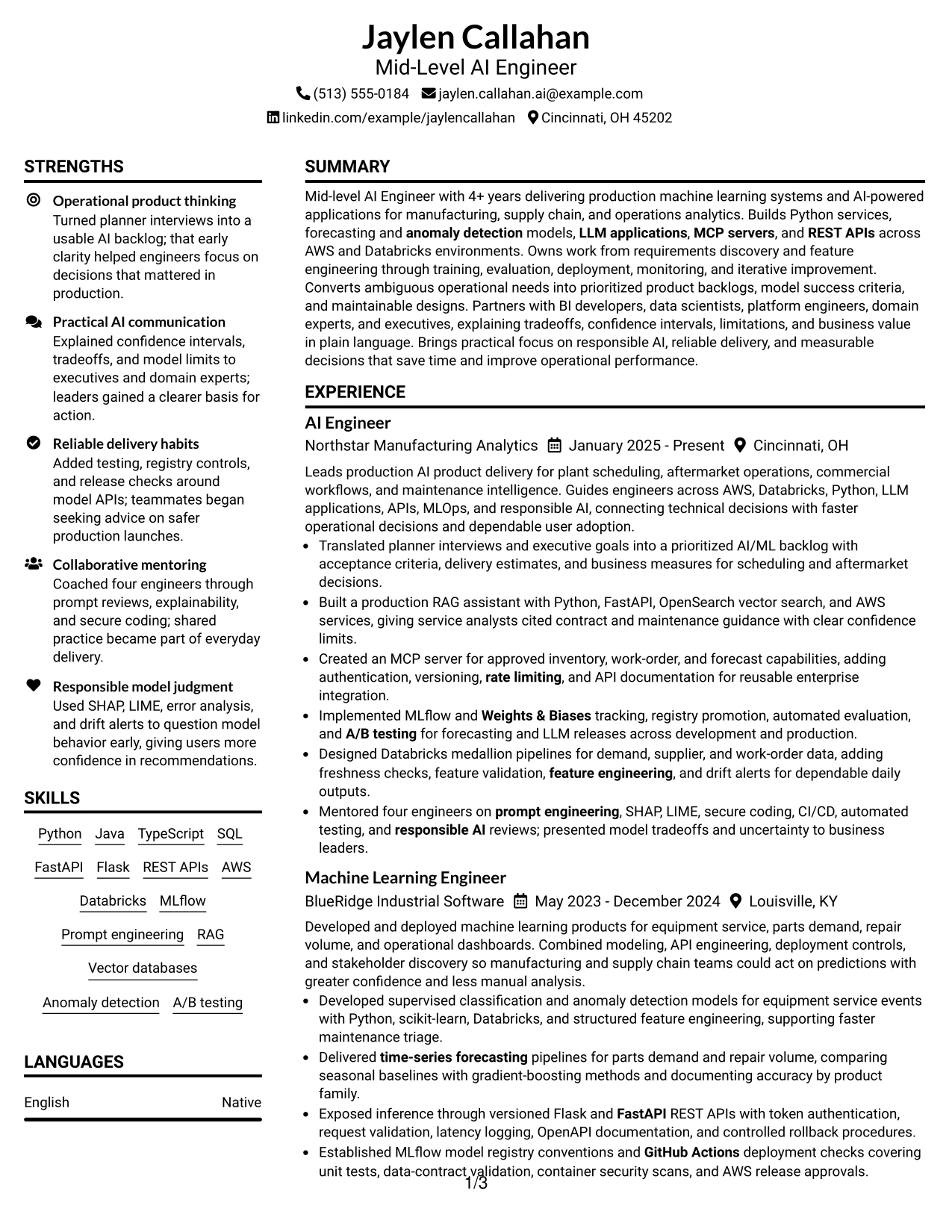 Resume Example Page 1
