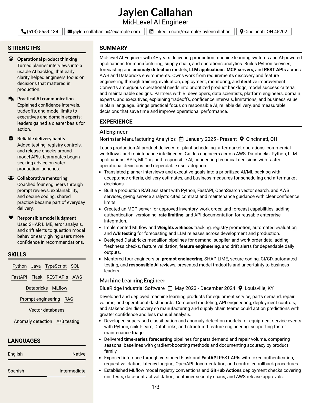 Resume Example Page 1