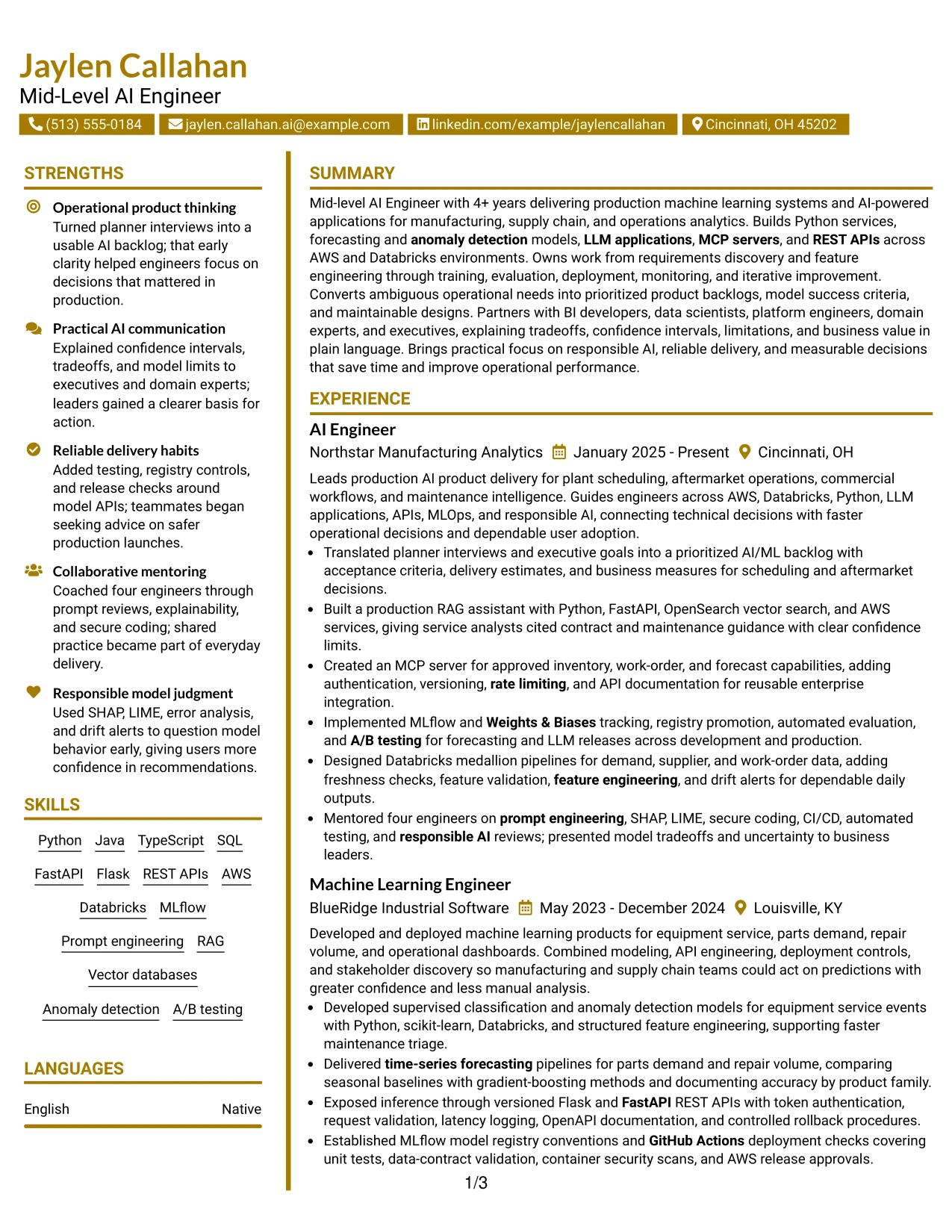 Resume Example Page 1