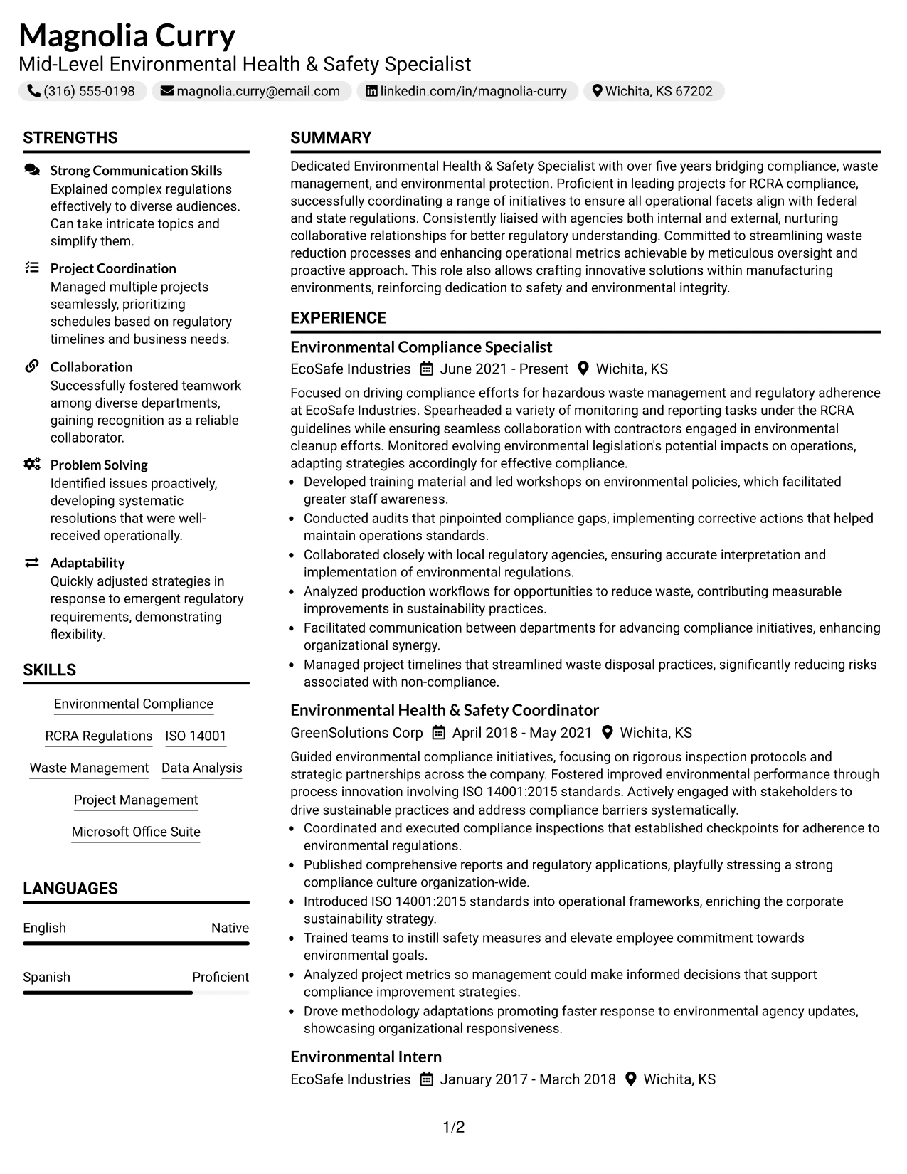 Resume Example Page 1