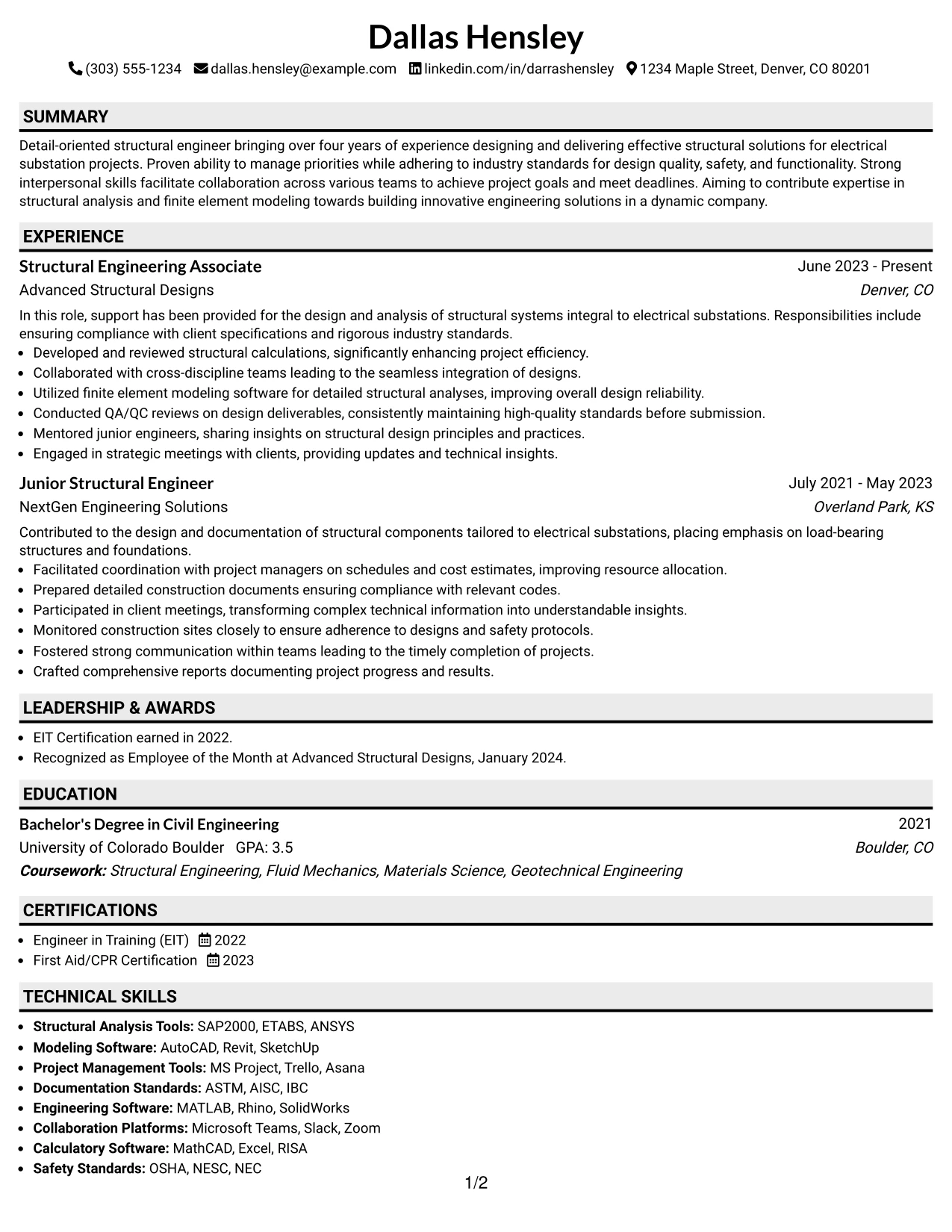 Resume Example Page 1