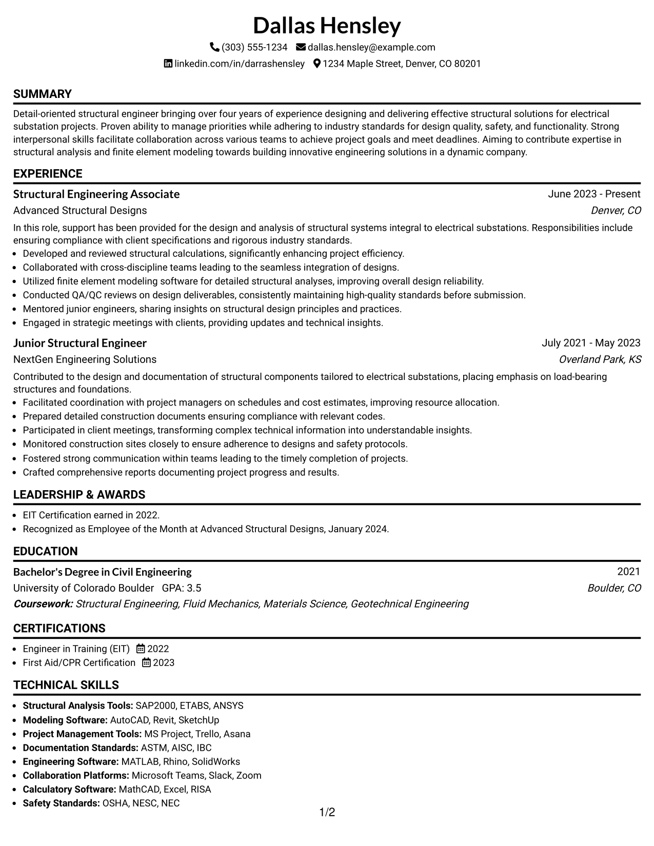 Resume Example Page 1