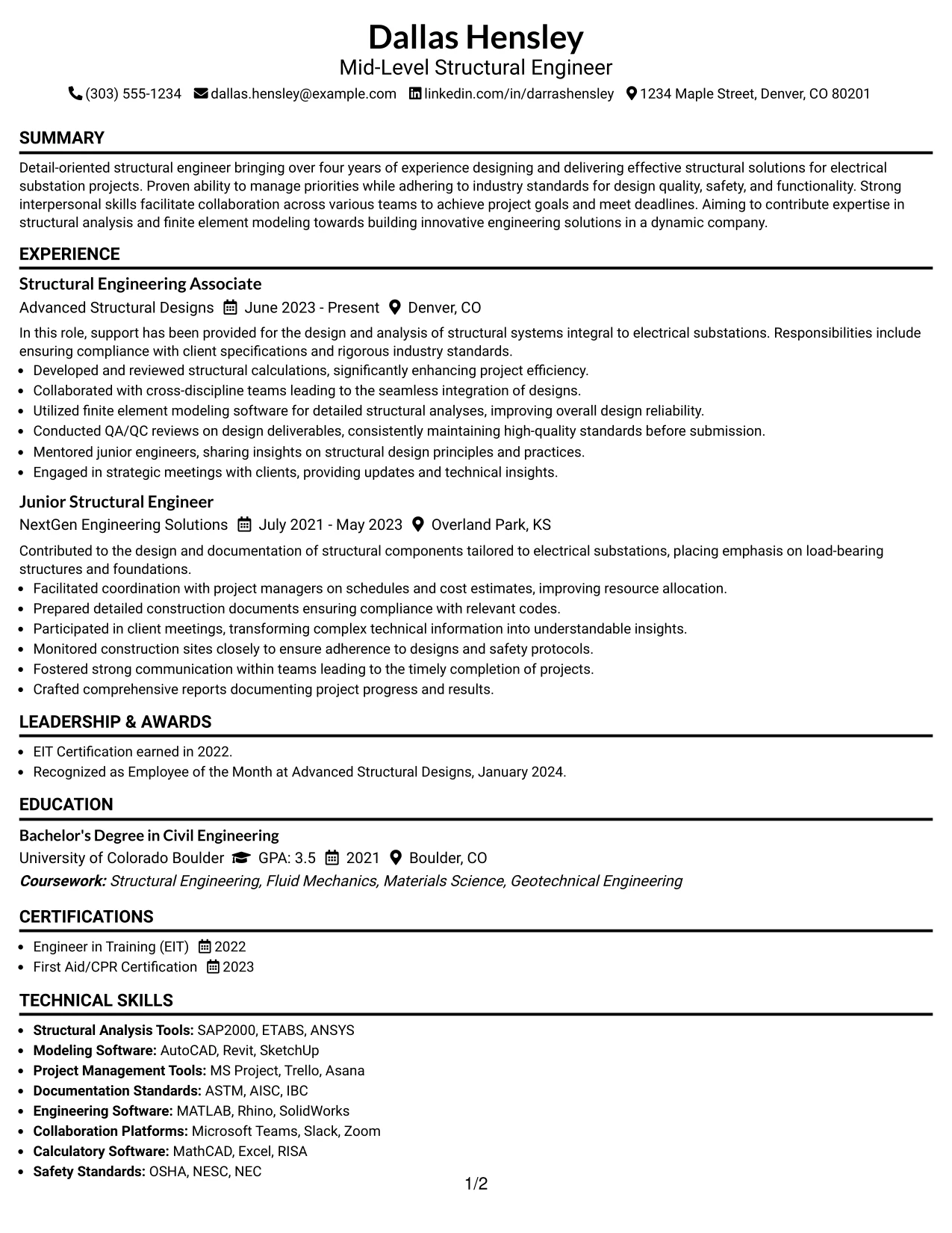 Resume Example Page 1