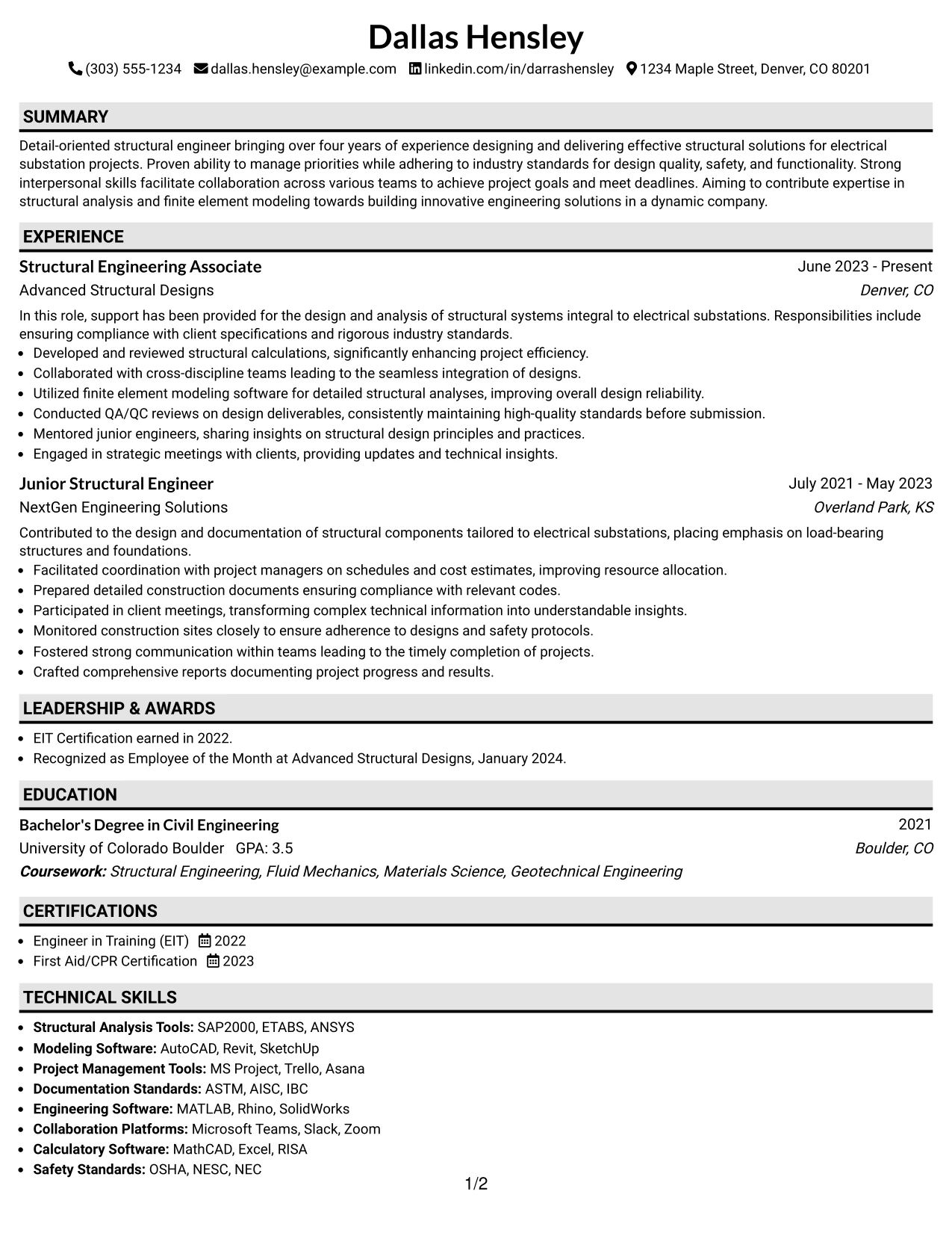 Resume Example Page 1