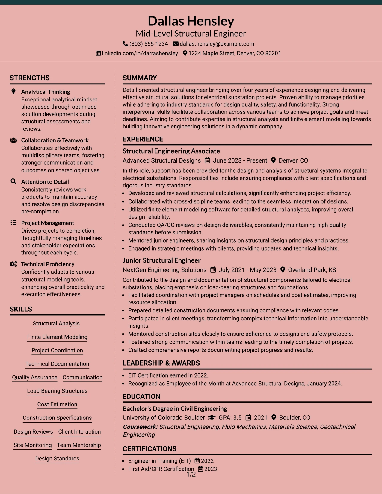 Resume Example Page 1