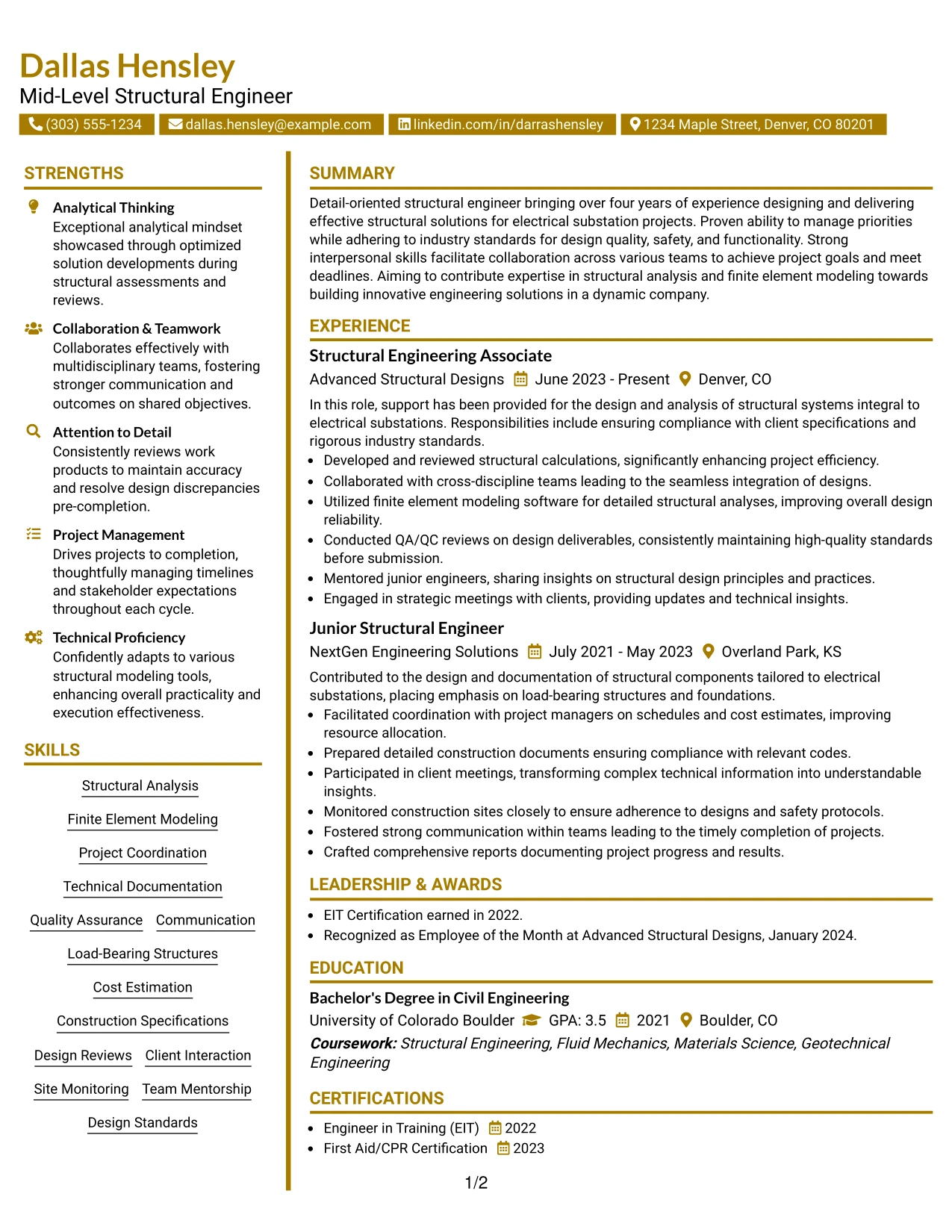 Resume Example Page 1