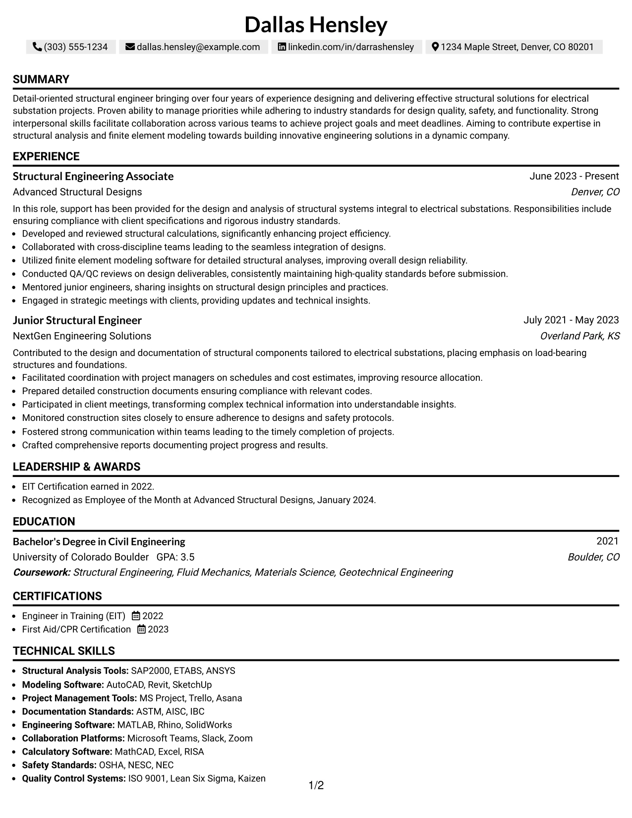 Resume Example Page 1