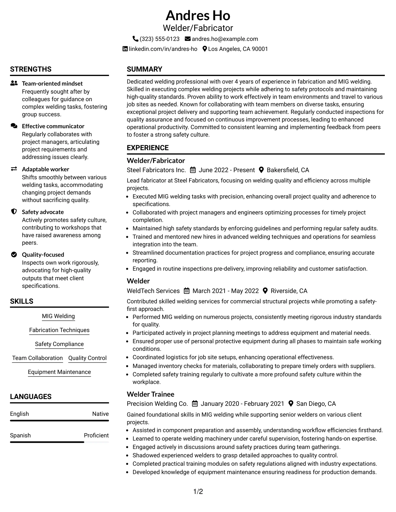 Resume Example Page 1