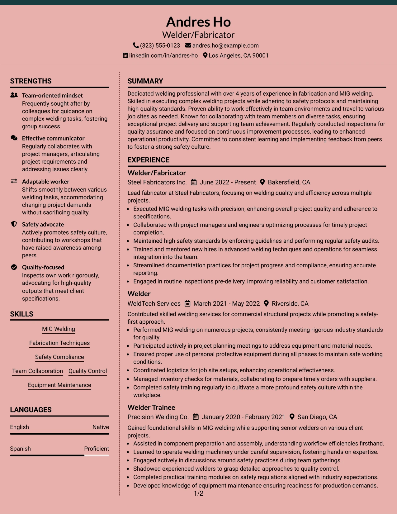 Resume Example Page 1