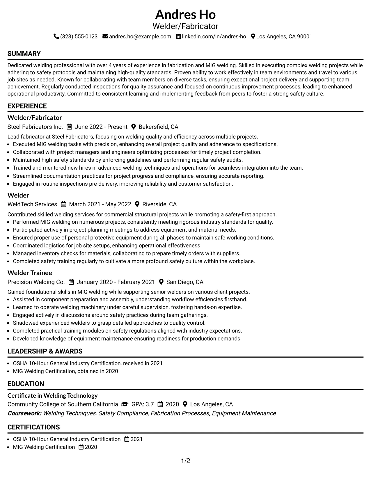 Resume Example Page 1