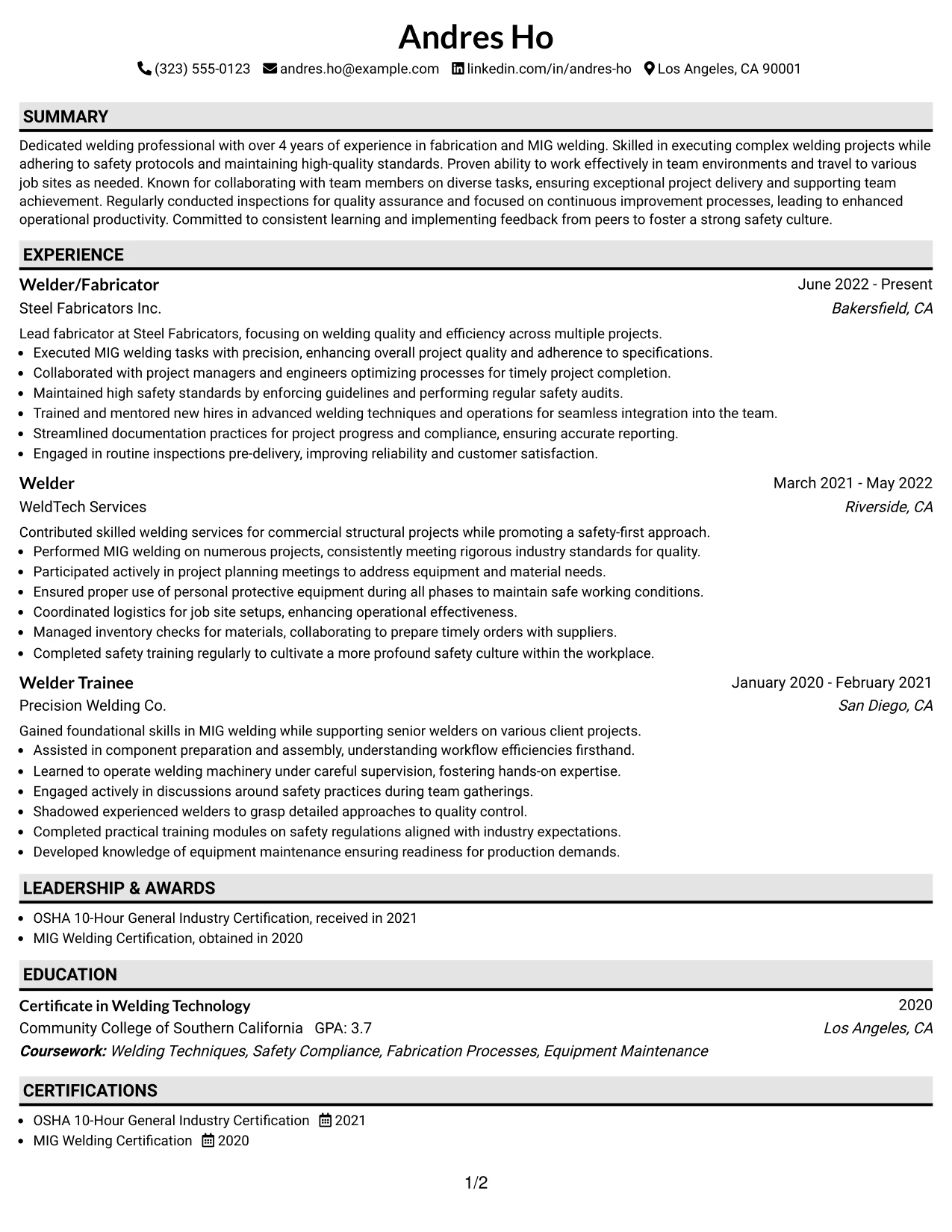 Resume Example Page 1