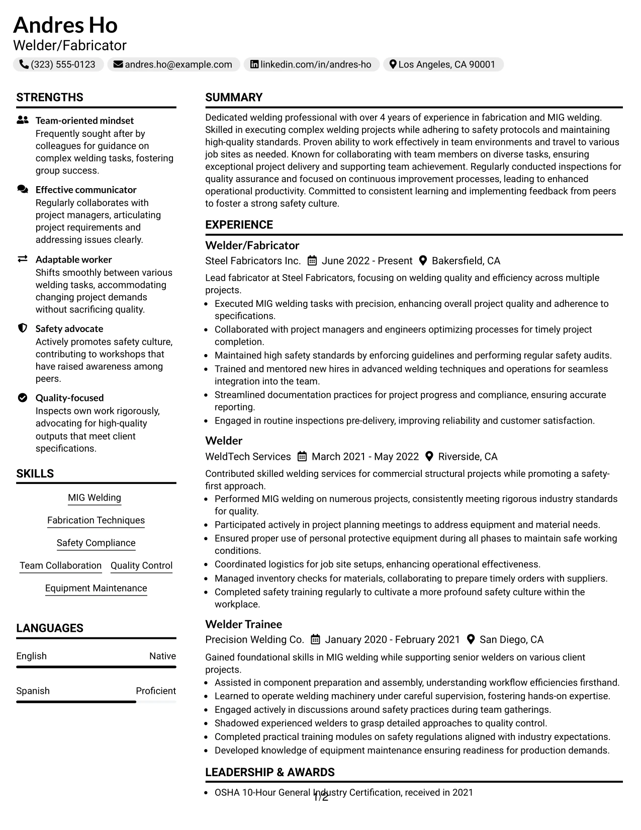 Resume Example Page 1