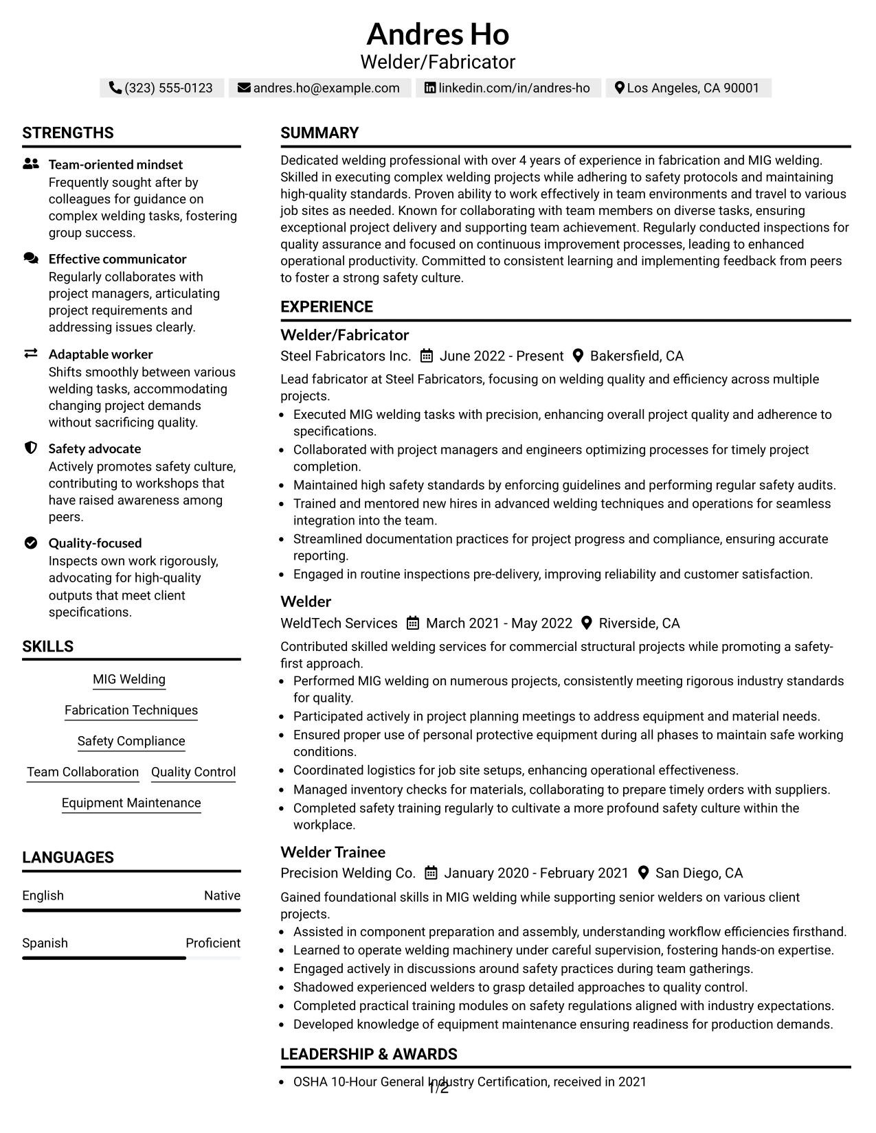 Resume Example Page 1