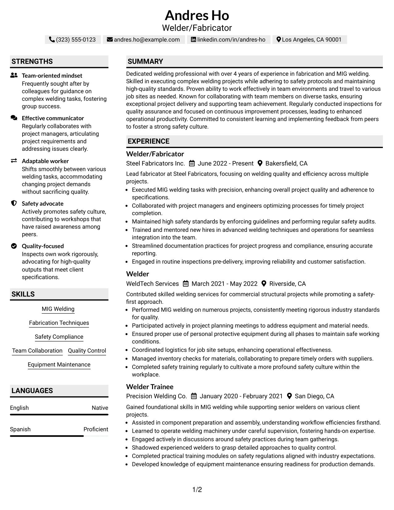 Resume Example Page 1