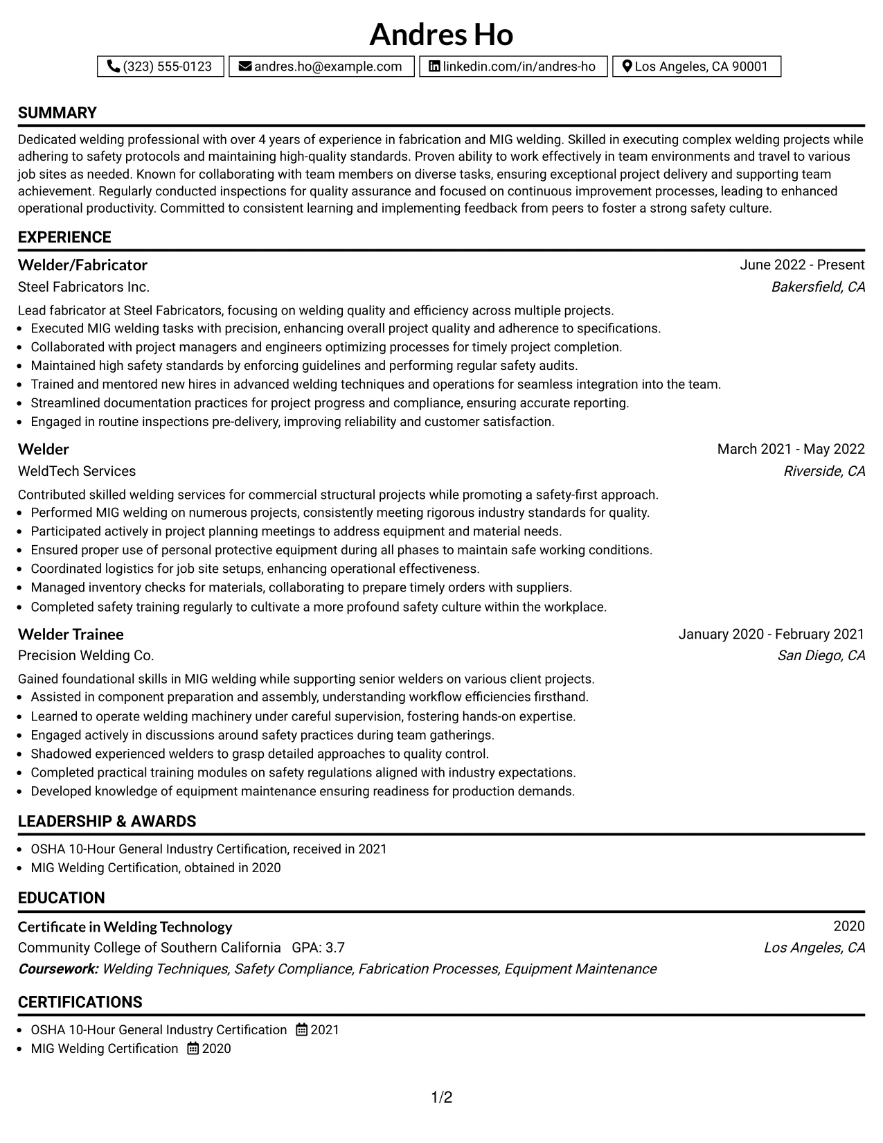 Resume Example Page 1
