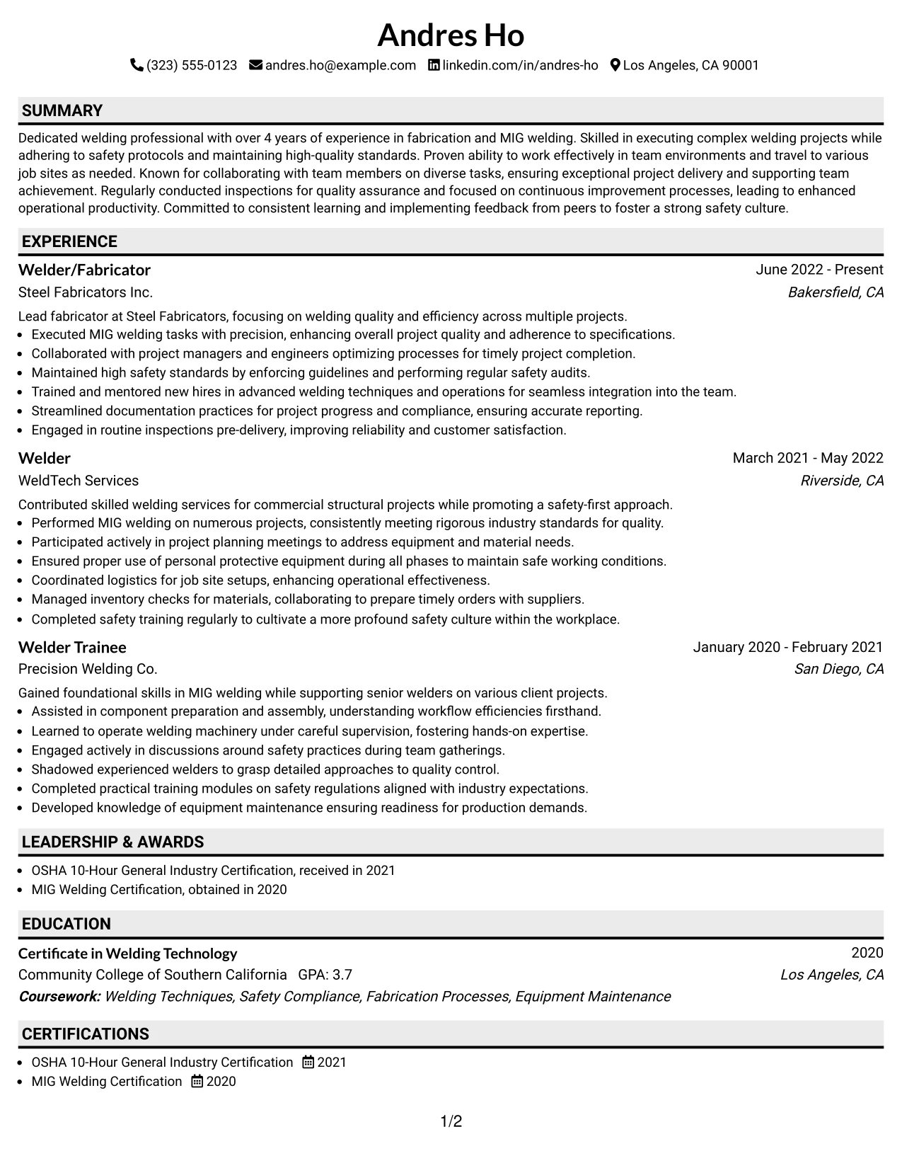 Resume Example Page 1