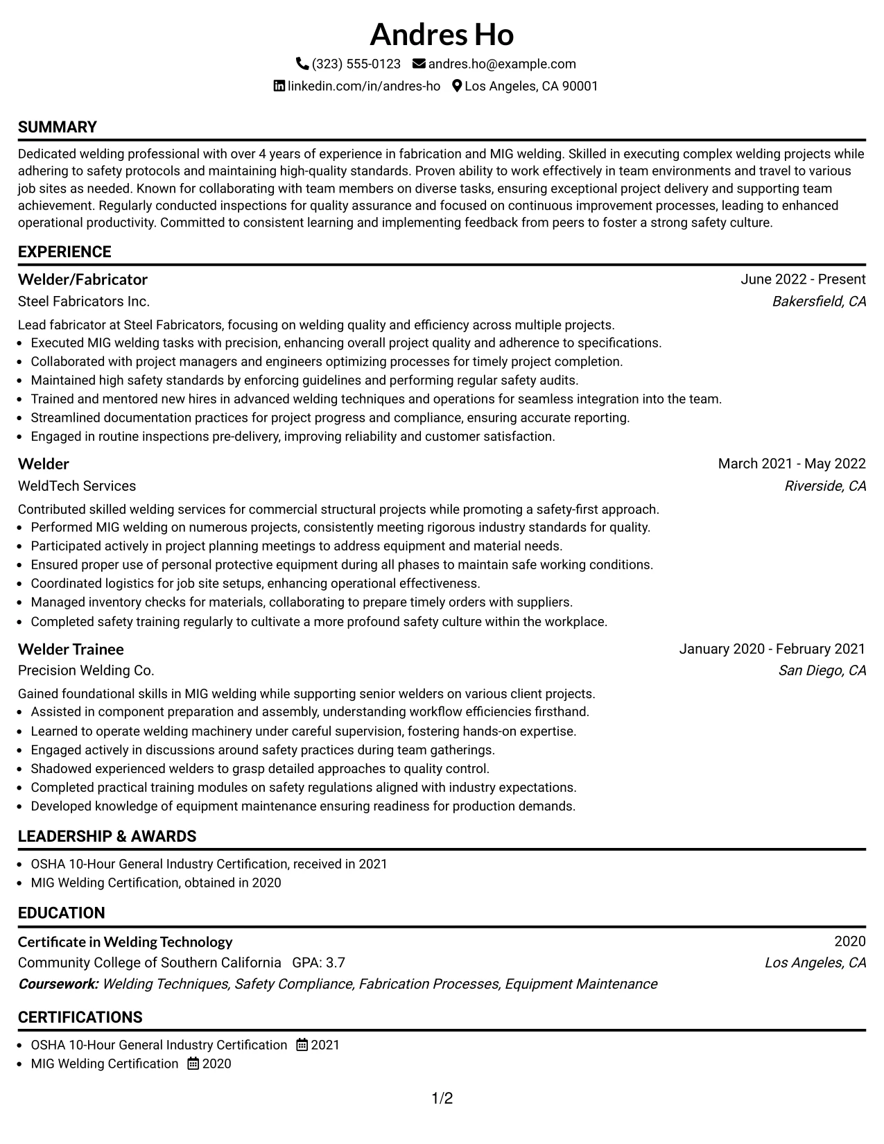Resume Example Page 1