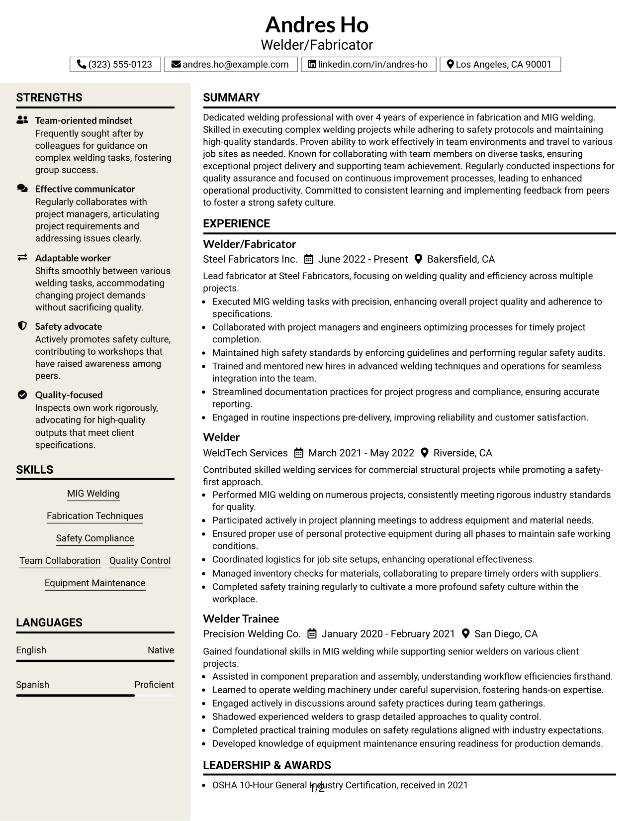 Resume Example Page 1
