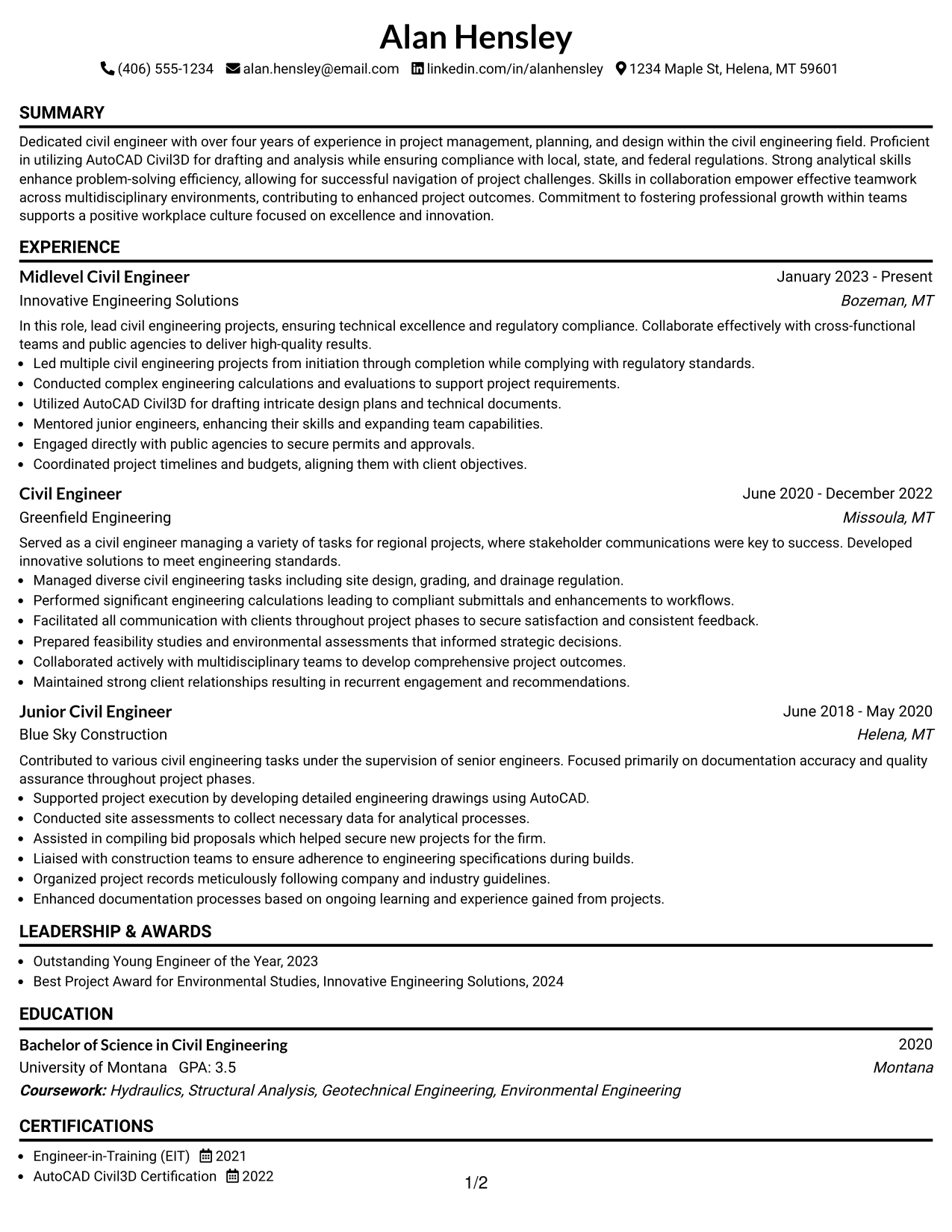 Resume Example Page 1