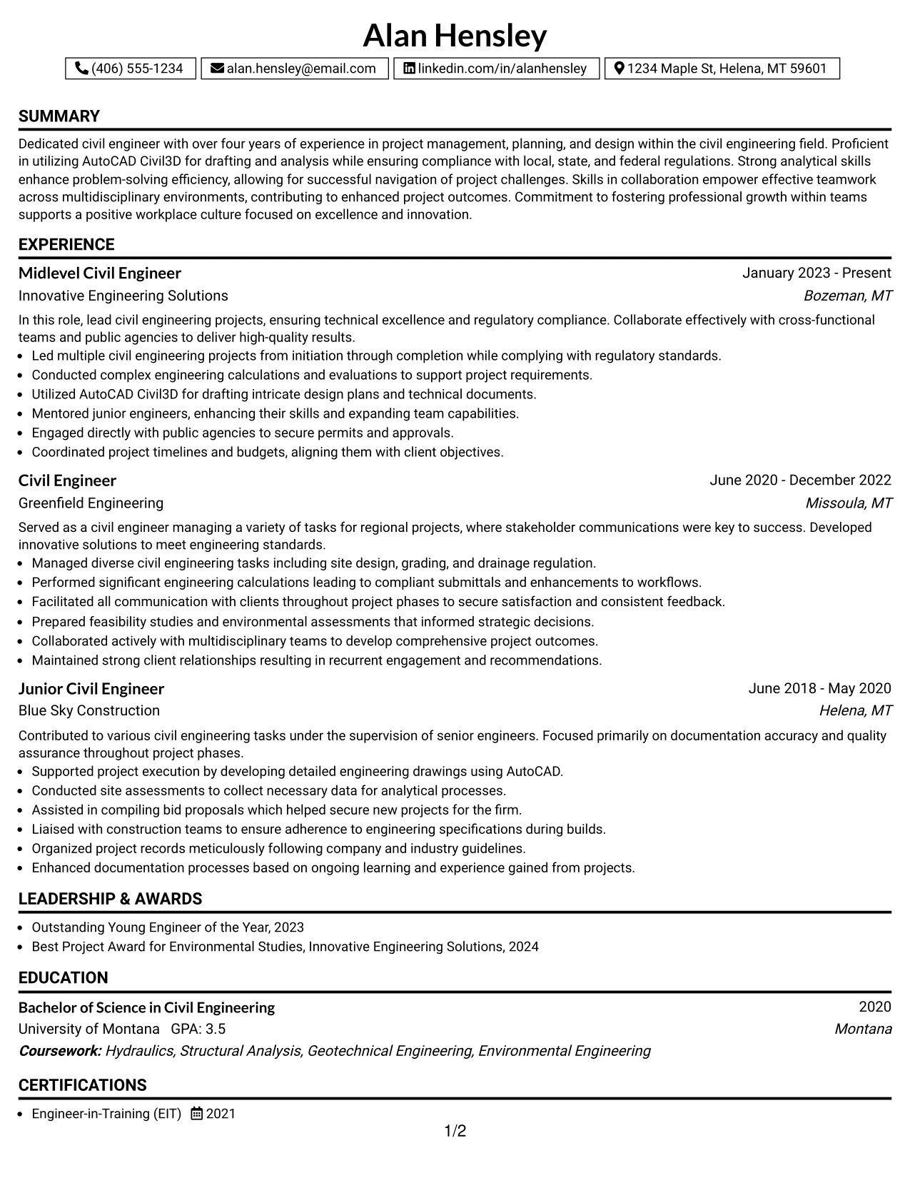 Resume Example Page 1