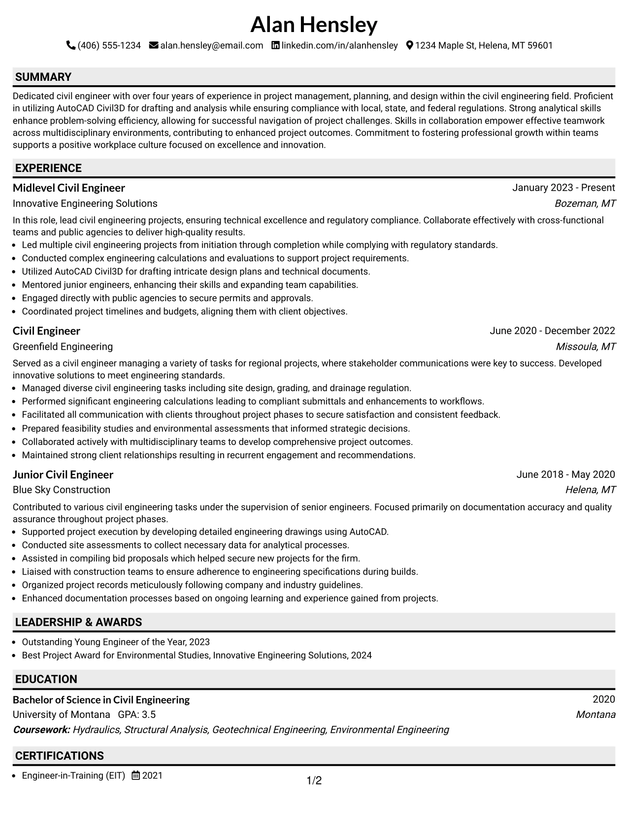 Resume Example Page 1