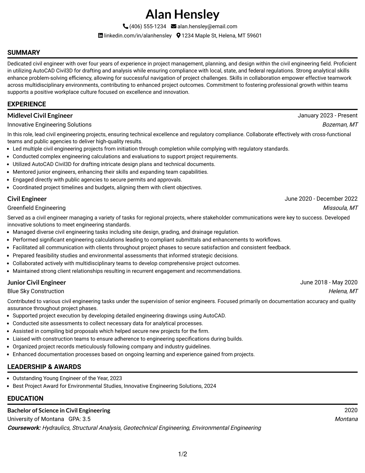 Resume Example Page 1