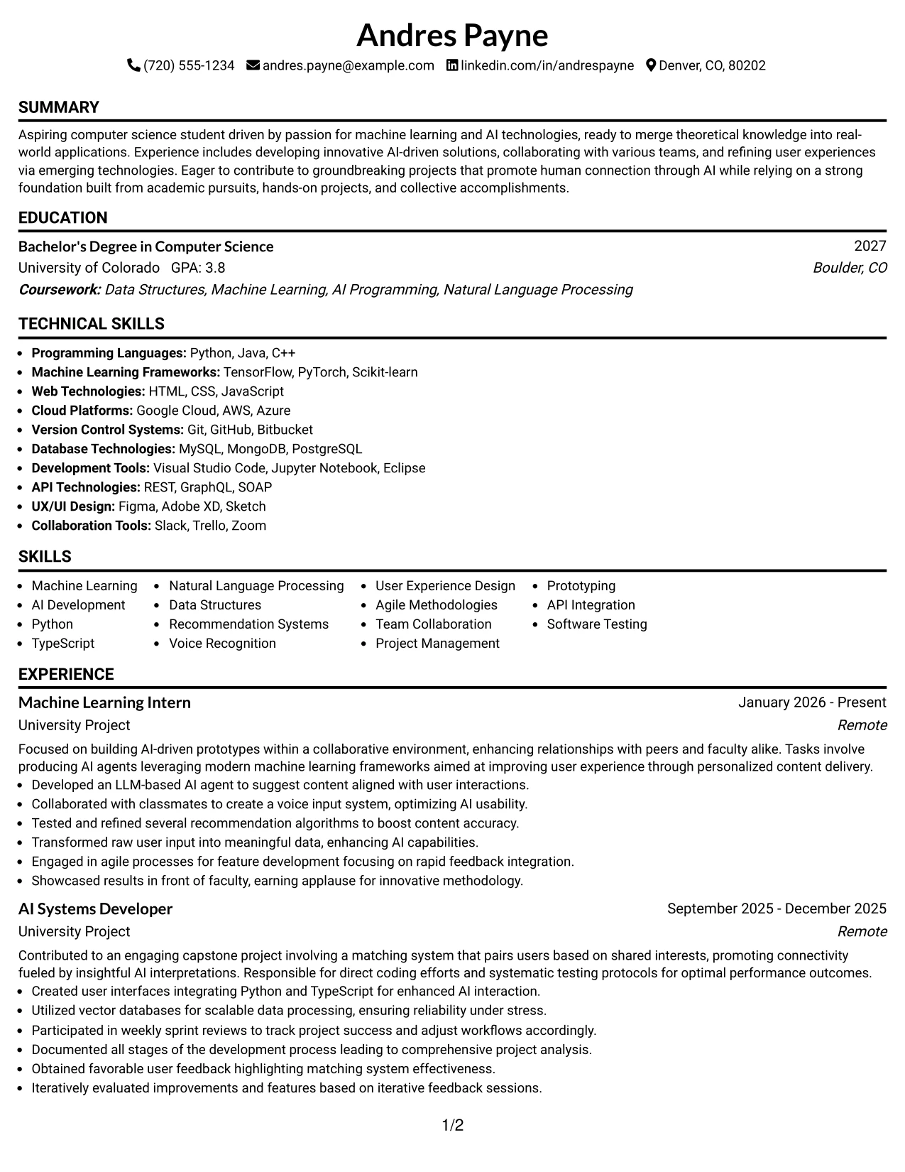 Resume Example Page 1