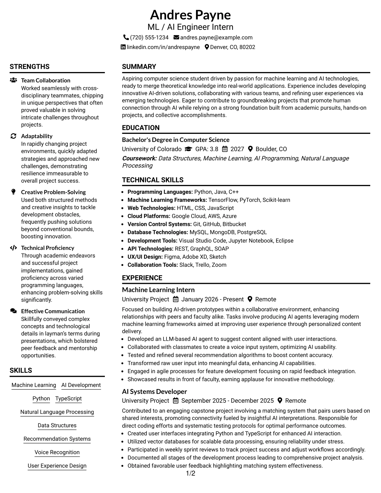 Resume Example Page 1