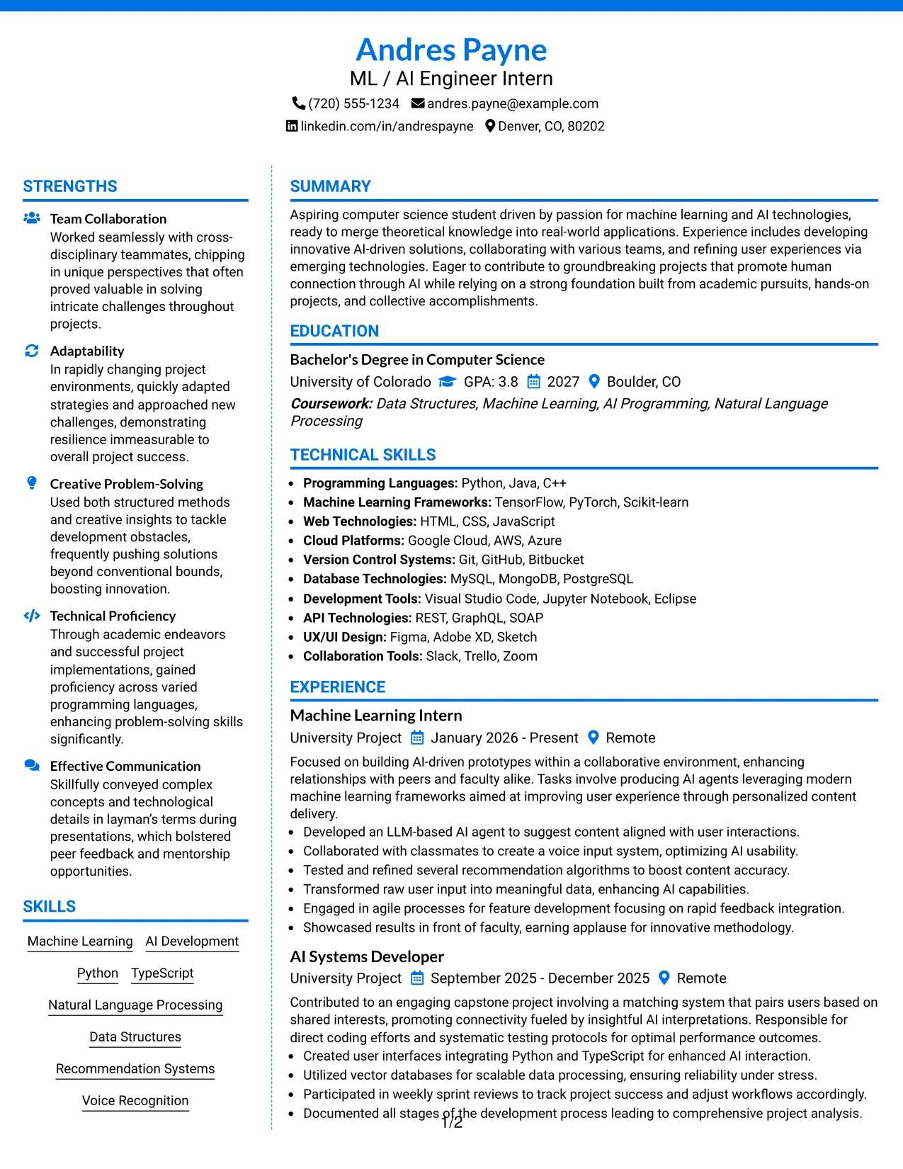 Resume Example Page 1