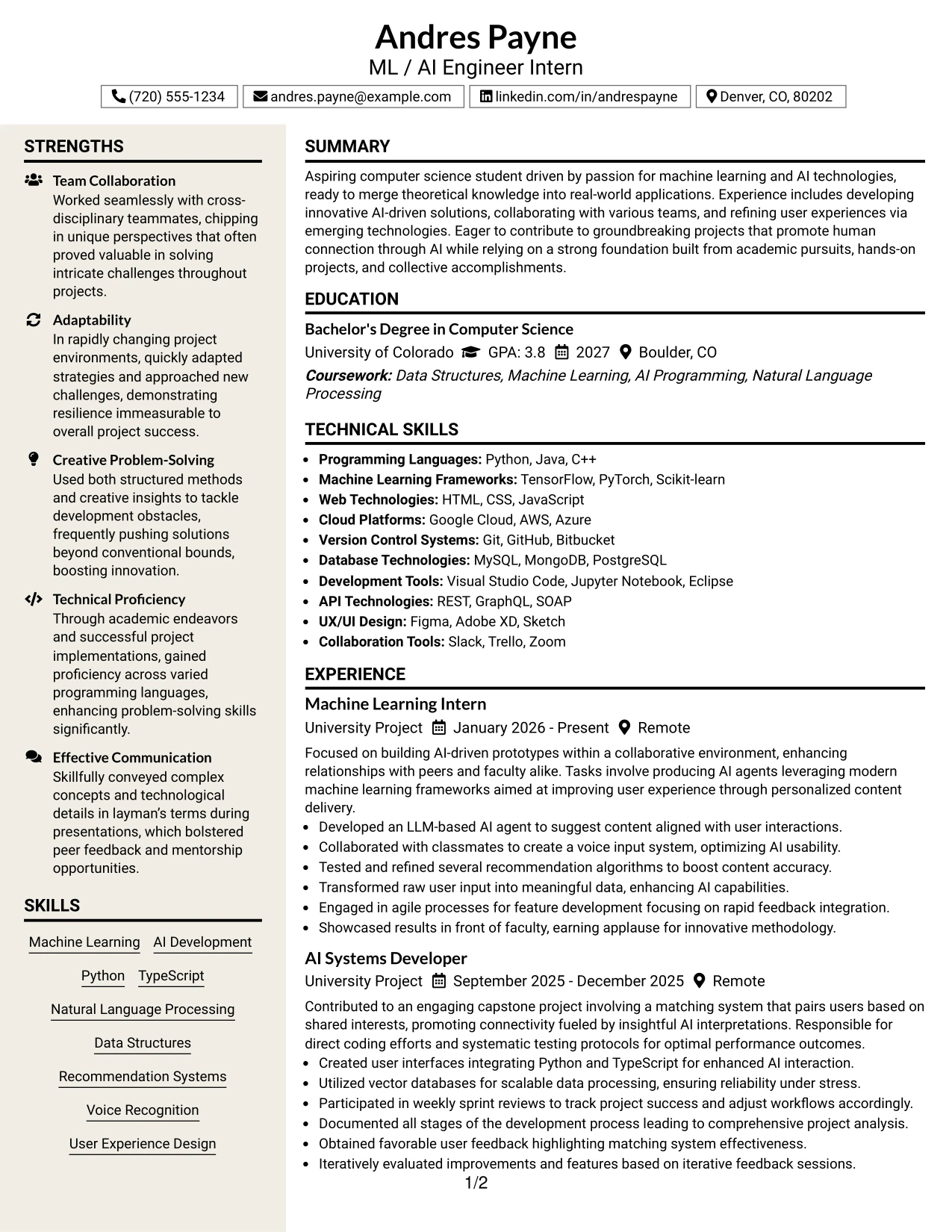 Resume Example Page 1