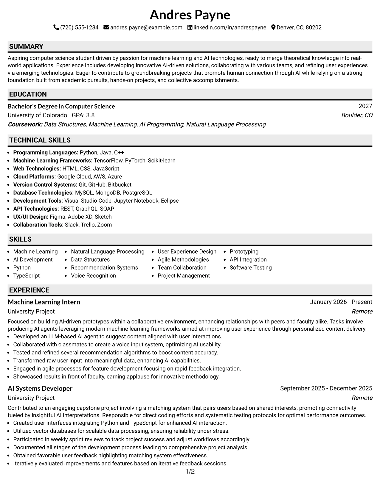 Resume Example Page 1