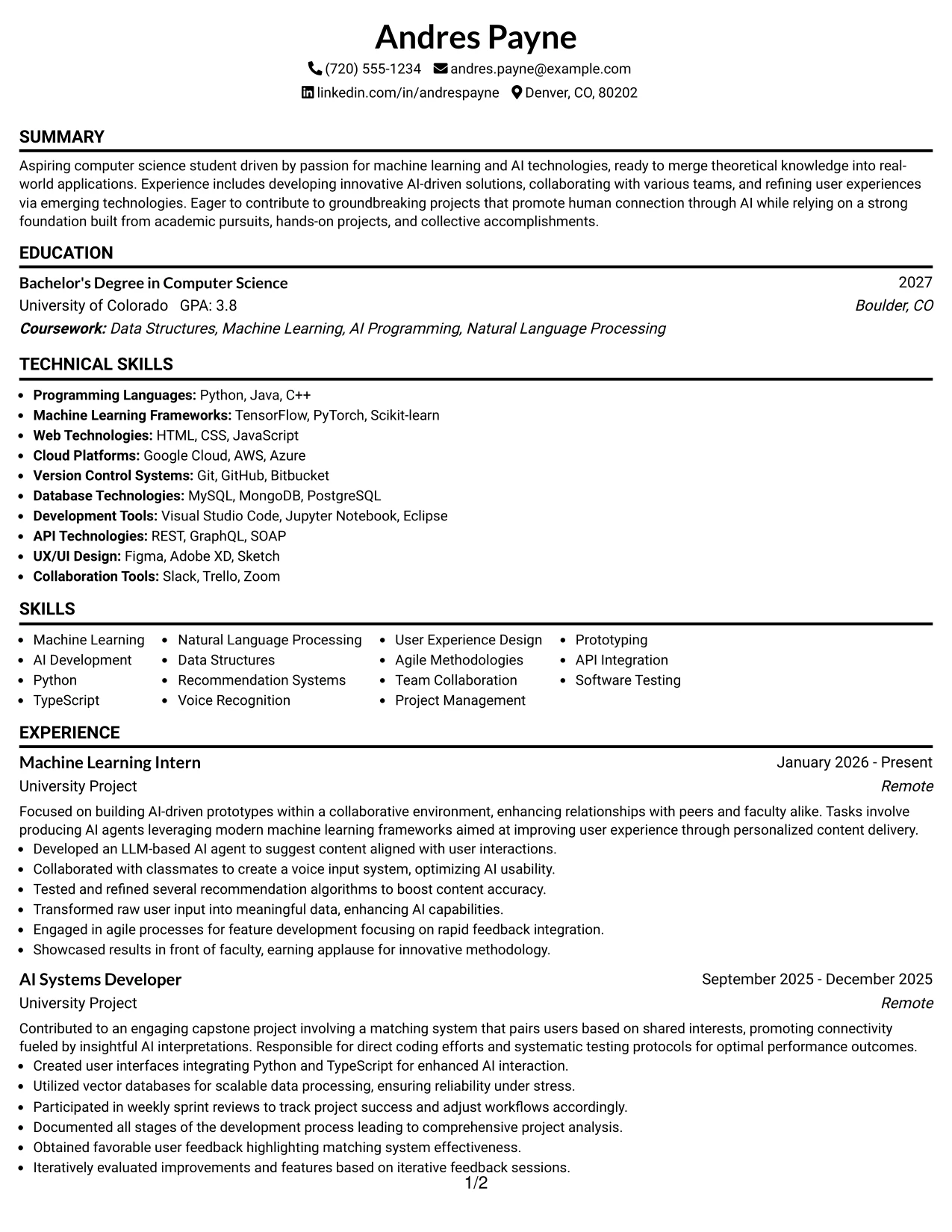 Resume Example Page 1