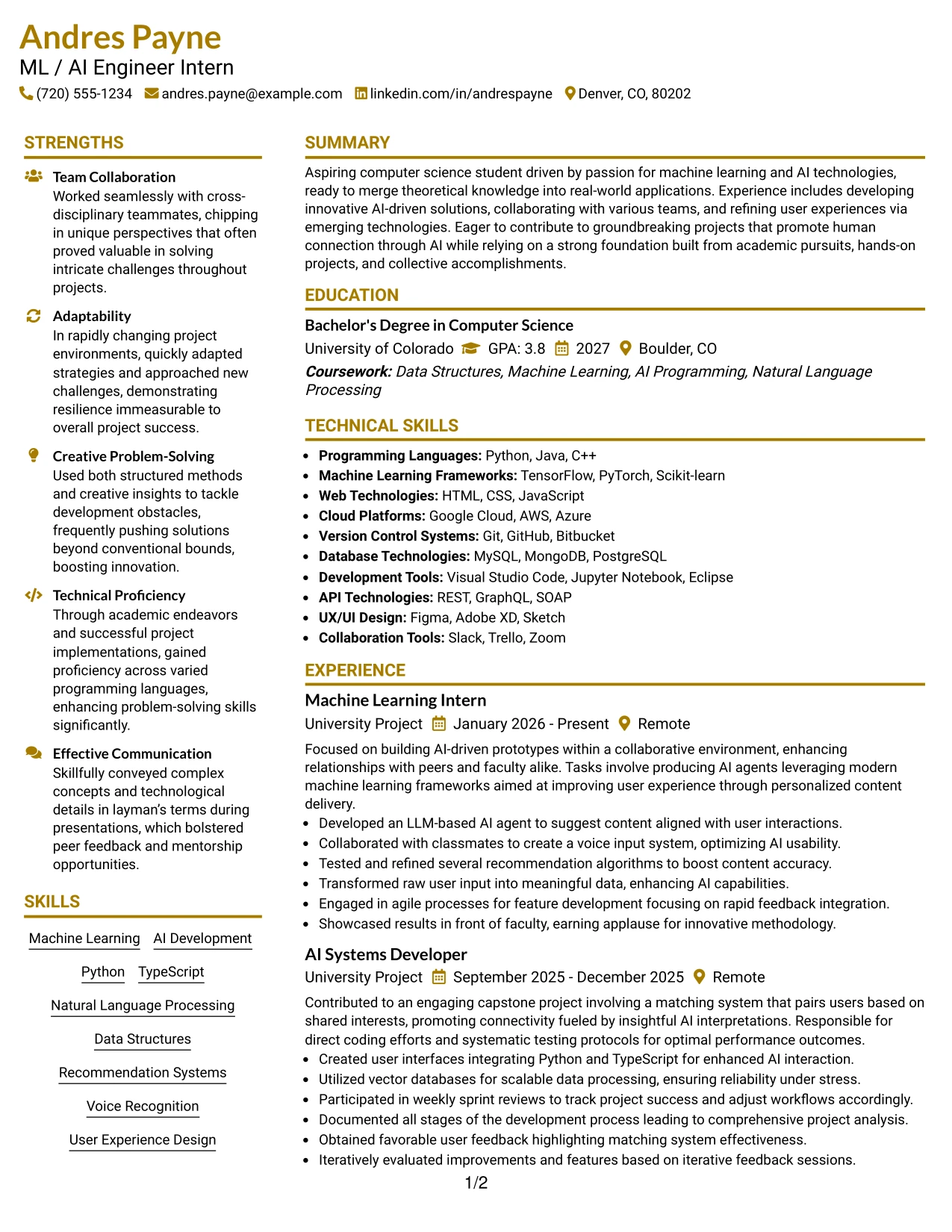 Resume Example Page 1