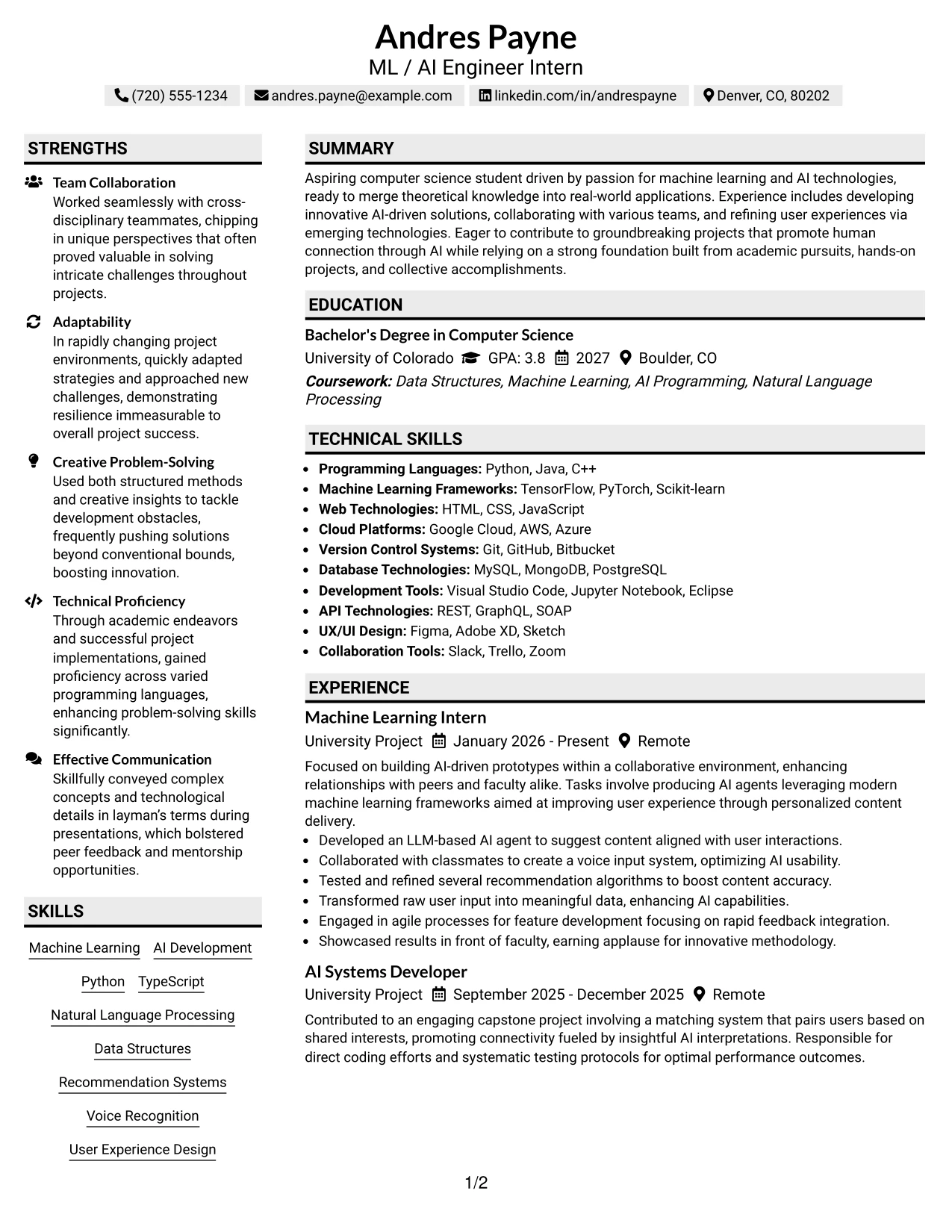 Resume Example Page 1