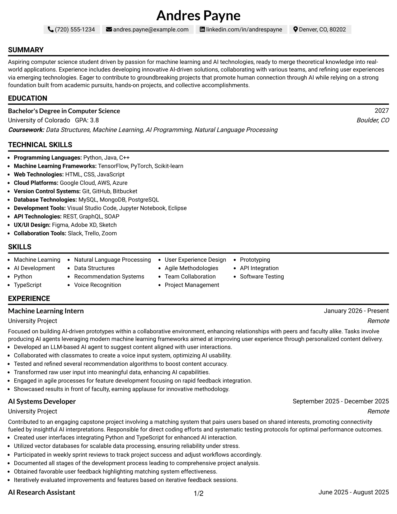 Resume Example Page 1