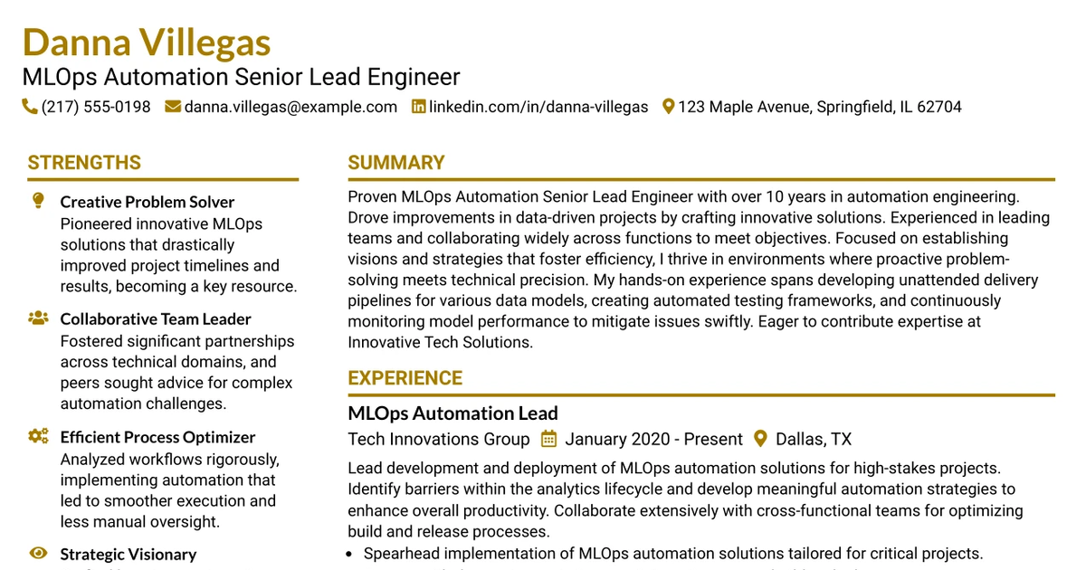 33 MLOps Automation Senior Lead Engineer Resume Templates with Example
